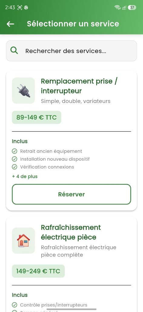 La Foudre app - select a service screen
