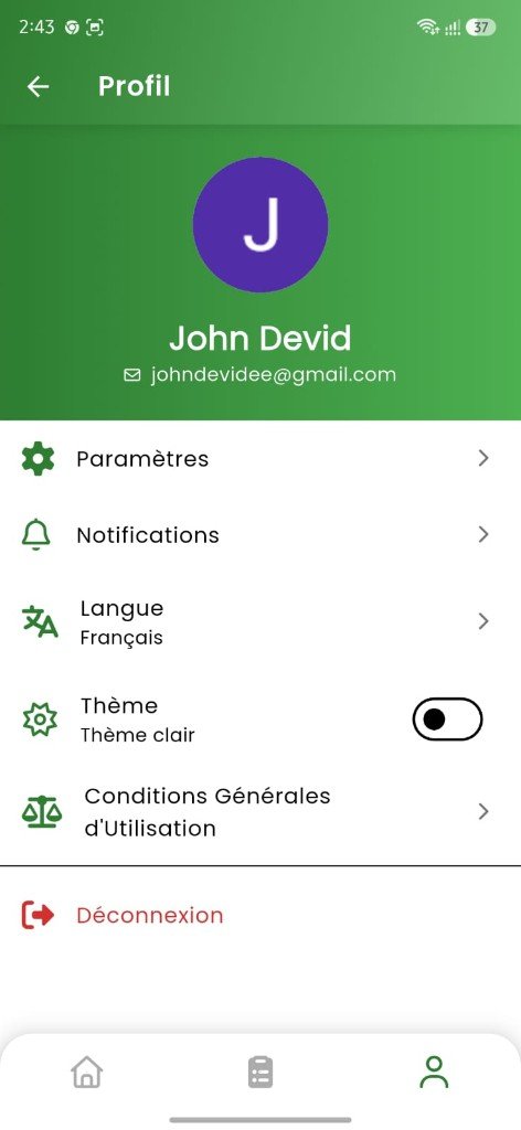 La Foudre app — Profil avec paramètres de langue en français